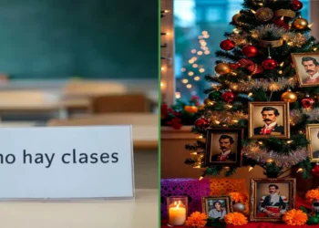 Familias aprovechan puente para poner el arbolito unido a un retrato de Madero