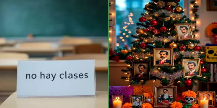 Familias aprovechan puente para poner el arbolito unido a un retrato de Madero